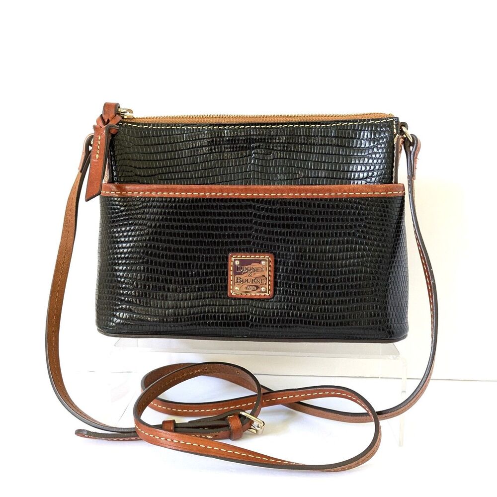 Dooney & Bourke Black Lizard Embossed Leather Ginger Pouchette Crossbody Bag EUC